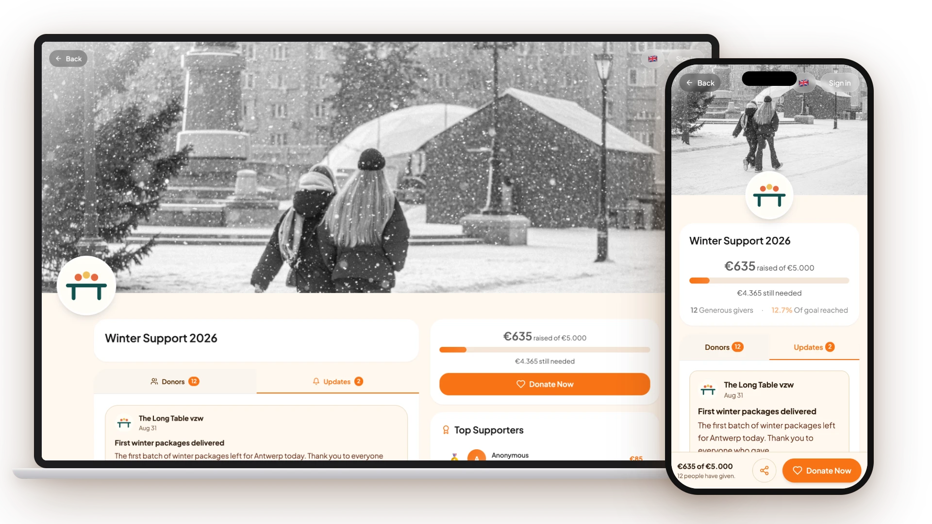 Campagnepagina met doelbedrag, donateurs en updates, op laptop en smartphone